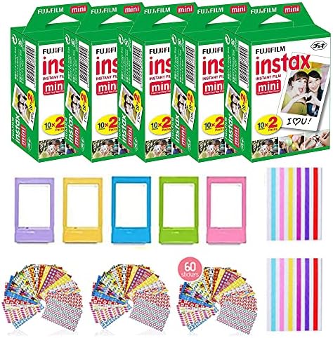 Fujifilm Instax Mini Instant Film (5 Csomag, 100 Lap) 5 Műanyag Asztal Keretek + 60 Matrica Keretek + 2 Csomag Sarokban Matricák
