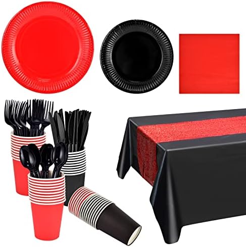 122 db piros, illetve fekete tányérok, szalvéták party kellékek fekete, vörös asztali szett eldobható papír tányért, szalvétát