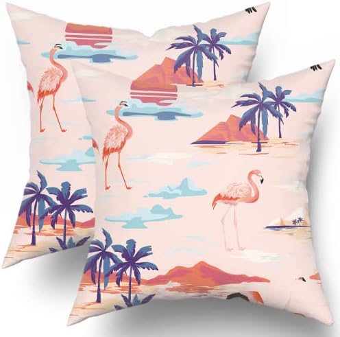 Rózsaszín Flamingó Pálmafa Párna, Takaró Készlet 2 Dekoratív Naplemente Trópusi Szigeten Párnahuzatok Pamut Kétoldalas Nyári