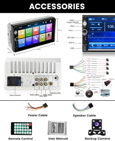 Hikity Dupla Din autórádió Rádió 7 Hüvelykes érintőképernyő, Bluetooth Kihangosító FM Audió beltéri Biztonsági Kamera, Vezeték