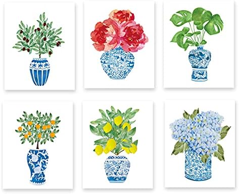 Chinoiserie Növény Wall Art Print, Kínai Kék-Fehér Porcelán Váza Vászon Wall Art (8x10x6 db, keret nélküli), Akvarell Virág