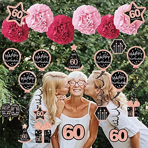 60 szülinapi dekoráció nők - (21pack) egészség 60 év rose arany glitter banner a nők, 6 papír Pomot, 6 Lóg Örvény, 7 dekoráció