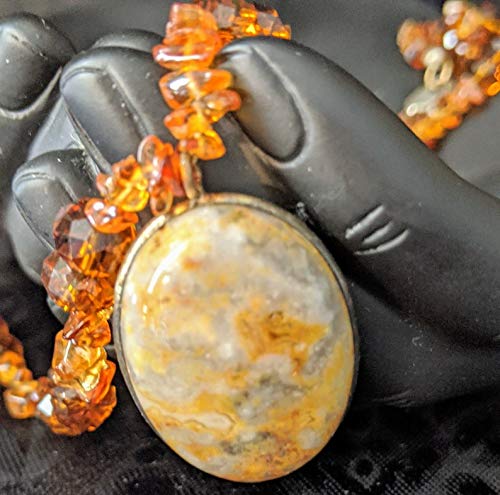 Bohém Stílus Kő Medál Nyaklánc | Természetes Amber Gyöngyös Kő | Strand Gyöngy | Márványos Kő Medál | Spirituális, Misztikus