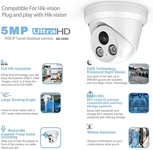 Kompatibilis Hikvision 5MP PoE IP Kamera Kültéri Mic/Audio-AI Emberi/Jármű Észlelése,Smart IR w/98ft éjjellátó Biztonsági