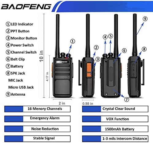 BAOFENG Walkie Talkie Hosszú távú BF-888S Plusz Akkumulátor 1500mAh Li-ion Egész Nap Dolgozik, USB Kábel, Töltő Hordozható